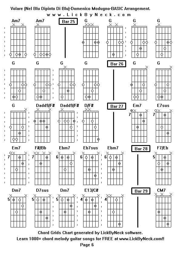 Chord Grids Chart of chord melody fingerstyle guitar song-Volare (Nel Blu Dipinto Di Blu)-Domenico Modugno-BASIC Arrangement,generated by LickByNeck software.